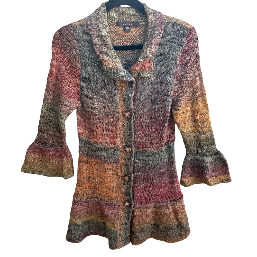Fever Boho Earthy Fairycore Space Dye Bell Sleeve Ruffle Hem Cardigan Sweater M
